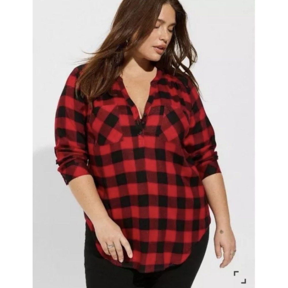 Torrid Red Black Buffalo Plaid Button Down Shirt‎ Western Plus Size 1 (1X) Rayon